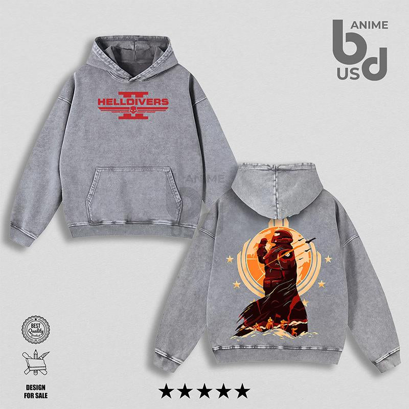 Helldivers 2 Oversize Unisex Washed Hoodie & T-Shirt, Double Printed Streetwear Game Merch Gift for Fan