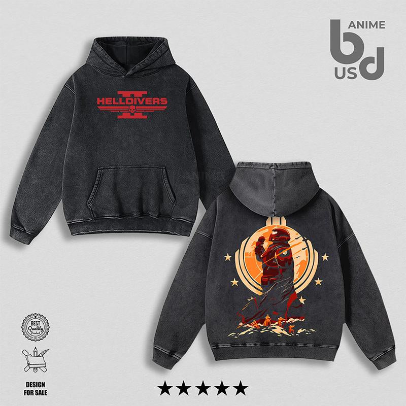 Helldivers 2 Oversize Unisex Washed Hoodie & T-Shirt, Double Printed Streetwear Game Merch Gift for Fan
