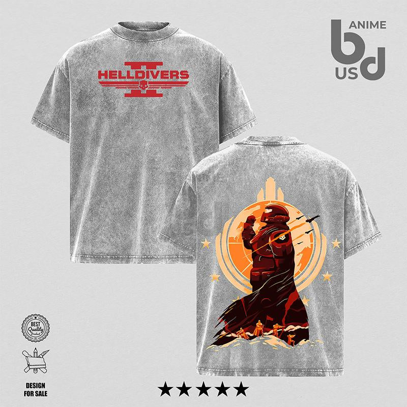 Helldivers 2 Oversize Unisex Washed Hoodie & T-Shirt, Double Printed Streetwear Game Merch Gift for Fan