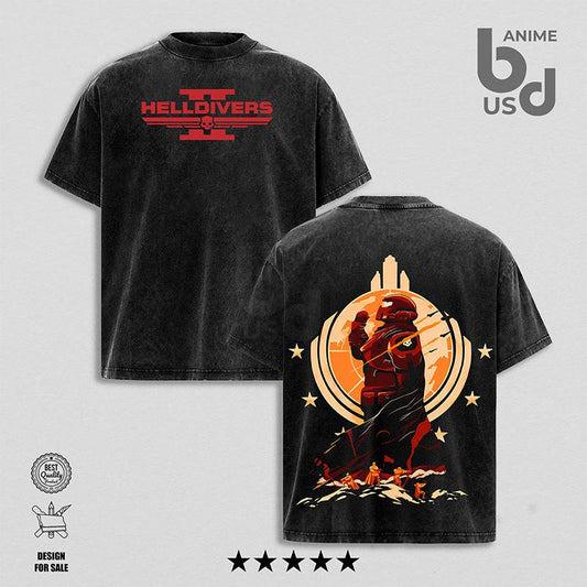 Helldivers 2 Oversize Unisex Washed Hoodie & T-Shirt, Double Printed Streetwear Game Merch Gift for Fan